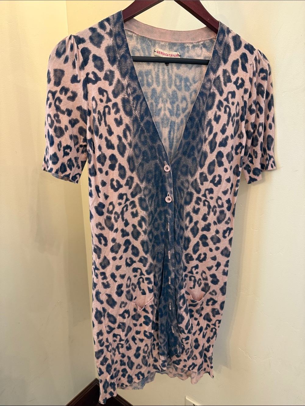 Rebecca  Taylor  Pink and Black Leopard-Print Button-so soft Front Top